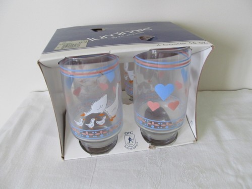80's Luminarc USA Goose & Hearts 16 Oz. Glass Cooler Tumbler Pink Blue NOS ARC - Picture 2 of 5