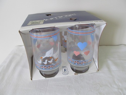 Luminarc Hearts & Geese 16 Oz. Cooler Tumbler Pink Blue Set-4 NOS - Picture 1 of 5