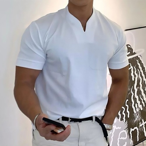 Mens Collarless Short Sleeve T Shirt Grandad Shirts Sommer Henley Pullover Tops - Picture 3 of 28