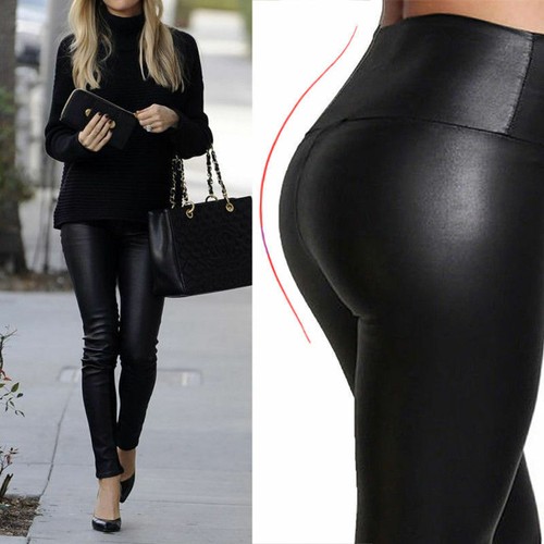 Womens Ladies PVC Wet Leather Look High Waist PU Leggings Stretch Trousers Pants - Picture 2 of 15