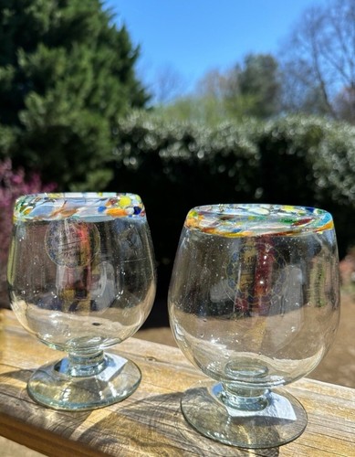 4 Hand Blown Colorful Rim Footed Cocktail Brandy Snifters Sipping Glasses New - Picture 4 of 7