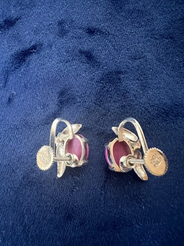 Vintage 14k MG White Gold Flower Star Ruby Cabochon Screw Back Earrings 5.8 Gram - Picture 10 of 14