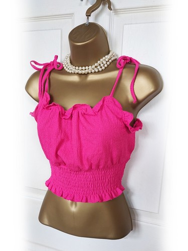 H&M DIVIDED Hot Pink Tie Straps Elasticated Crop Top, Size M 12 - NWOT - Picture 3 of 6