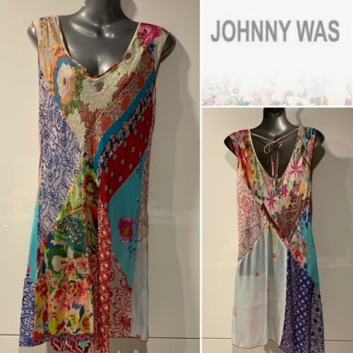 JOHNNY WAS USA Multi-Print Floral Pinks and Blues Combo Dress SMALL -- Excellent