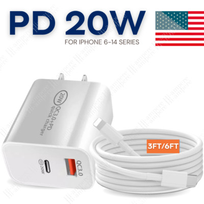 20W USB-C PD Fast Charger Power Brick Cube Type-C Cable For iPhone 14 13 12 XS 8