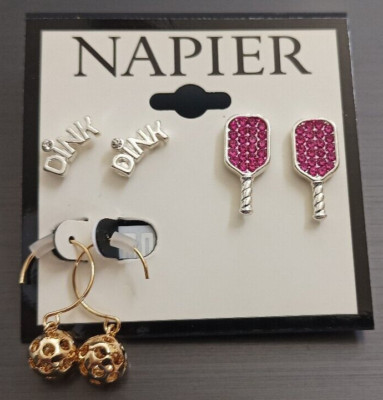 NWT Napier Two Tone Pink Crystal Pickleball Earrings Trio Set