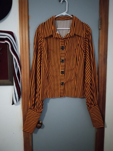 Handmade Orange/Black Striped Button Down Bishop Sleeved Shirt Size Large - Picture 2 of 5