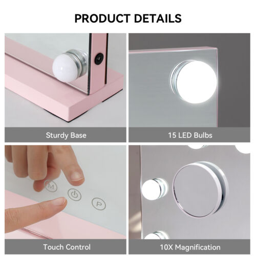 LED Lighted Hollywood Mirror 15 Bulbs Vanity Table Makeup Mirror 58x46cm w/ USB - Imagen 9 de 15