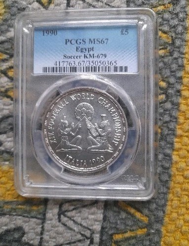 EGYPT ,5 Pound WORLD FOOTBALL CUP 1990 PCGS MS67 VERY RARE & Unique Patina. - Picture 6 of 9