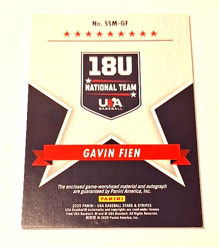 2024 STARS & STRIPES USA 17U NTOP #GF Gavin Fien XRc Auto/Jersey - Picture 2 of 2