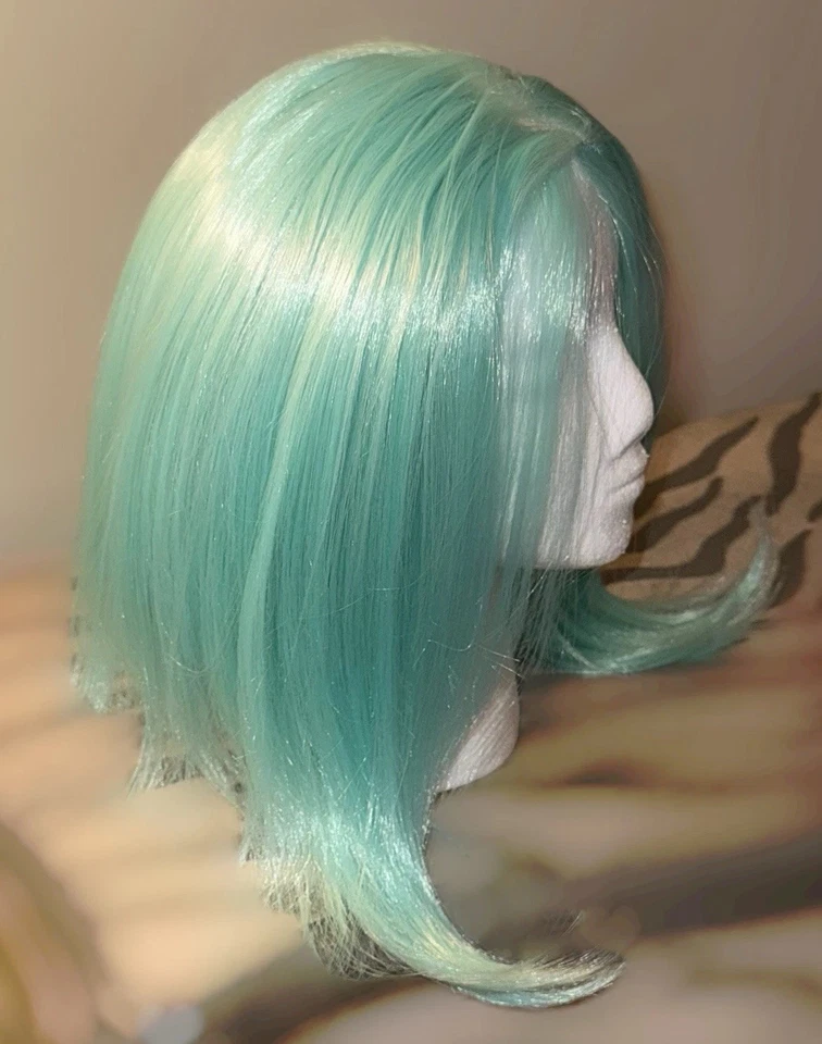 Cosplay o para diversión linda, 12 pulgadas, verde azulado, recto, estilo Bob, súper suave, peluca sintética Foto 3 de 4