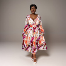 ROCKTHOSECURVES WOMENS V-Neck Orange-Red Print Midi Dress