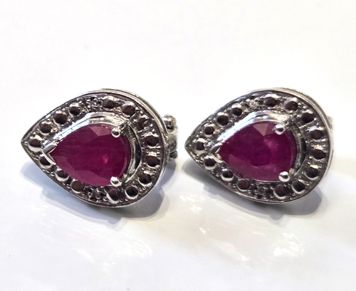 Silver Clip On Earrings Ruby and Diamond Stones 925 Stamped Size 15mm x 12mm - Picture 2 of 7