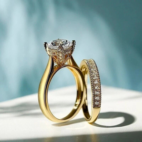 2.10Ct Round-Cut G/VS1 Lab Grown Diamond Bridal Wedding Set Ring 14k Yellow Gold - Picture 2 of 5