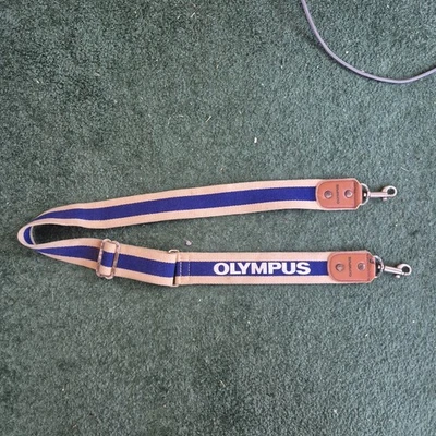 Vintage Olympus OM Camera Neck Strap Blue Cream Brown Leather Ends Metal Clips - Image 1 of 4
