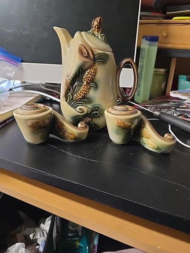 Vintage 1955 Hull Pottery Parchment And Pine Coffee Pot W/ Candle Holder Set