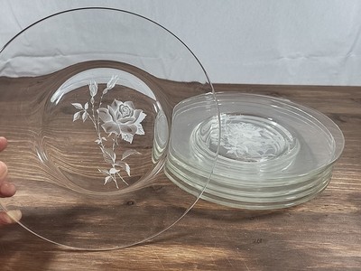 Vintage Clear Rose Salad Plates Set of 6 - Elegant Floral Etched Embossed Dishes