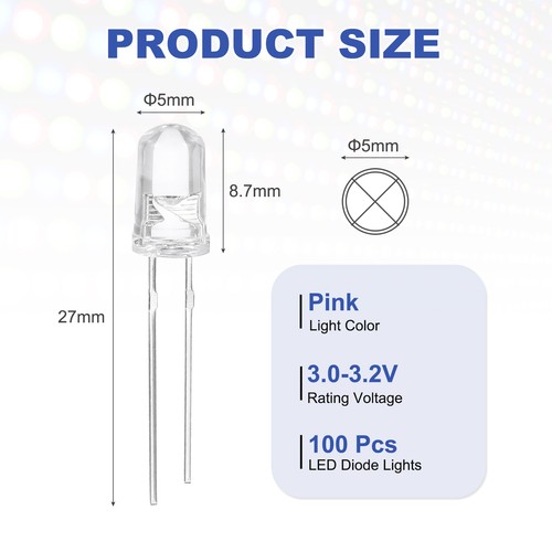 Luces de diodo LED 100 un. 5 mm, rosa redondo transparente DC 3.0-3.2V - Imagen 2 de 4