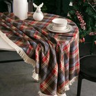 Christmas Tassel Round Tablecloth Plaid Checkered Table Cover for Party Decor