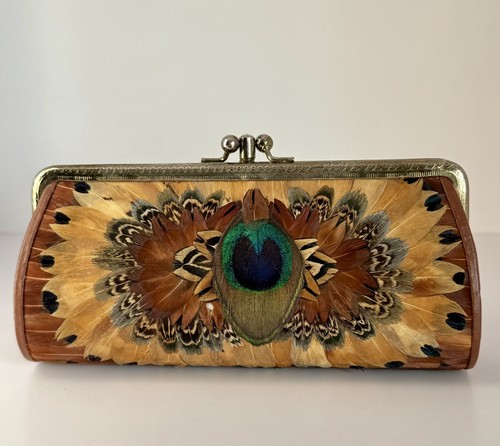 Vintage 1970er Handarbeit Boho Feder Pfau Fasan 6" Clutch Handtasche - Bild 6 von 16