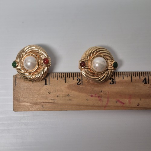 Multicolor Gripoix Glass Cabochon Gold Tone Statement Clip On Earrings Vtg - Picture 6 of 7