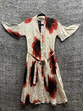 Zara Red & Black Tie Dye Print Wrap Midi Dress Belted Short Sleeve Women’s XS