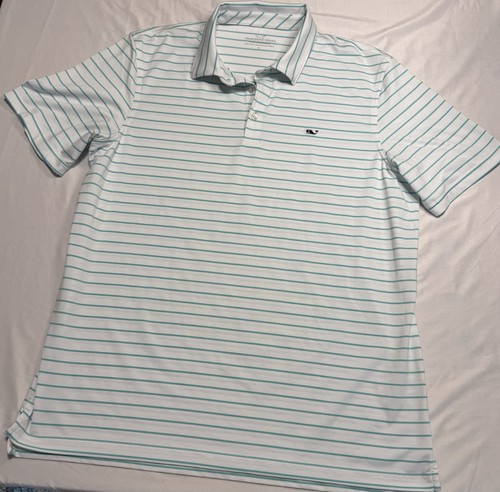 Vineyard Vines Polo Shirt Mens Large Blue White Striped Performance Whale Logo