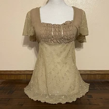 Vintage Nancy K Tan Beige Sheer Flowy Blouse Embroidered - Medium 90s Fairycore