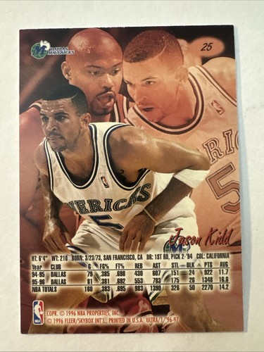 1996-97 Fleer Ultra Jason Kidd #25 Dallas Mavericks - Picture 2 of 2