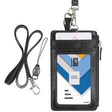 Double Sided Leather ID Badge Card Holder Wallet Case with Neck Lanyard