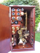 Superb antique brass binocular microscope outfit by J.H.Steward.
