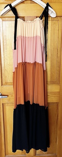 Color Block Maxikleid Gr. M Pfirsich Schwarz Braun Strand Boho Festival Hippie Rüschen - Bild 6 von 9