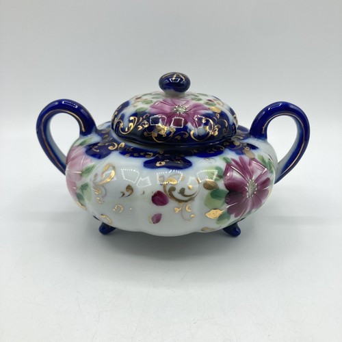 Antique Nippon Flow Blue Floral Creamer & Lidded Sugar Bowl Set Melon Gold Gilt - Picture 2 of 24