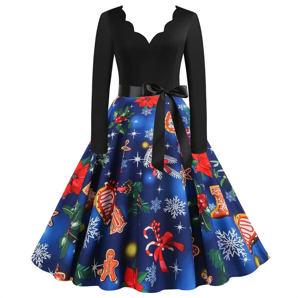 Damen Weihnachten Kostüm Party Swingkleid Skaterkleid Weihnachtskleid Abendkleid - Bild 3 von 4