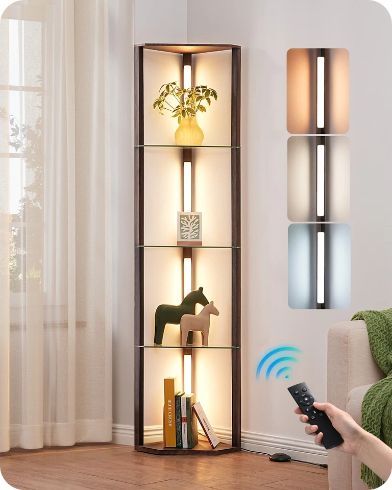 Напольная лампа EDISHINE с полками, 5-уровневый стеклянный дисплей полка пульт дистанционного/ножного управления - Изображение 4 из 4