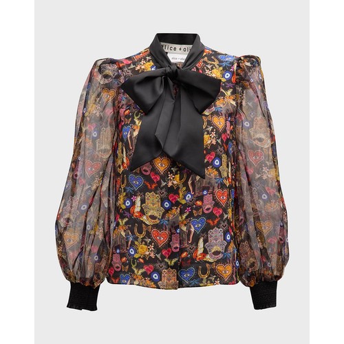 Alice + Olivia Brentley Damenbluse Seide Evil Eye Etherealsm Krawattenausschnitt neu ohne Etikett - Bild 4 von 16