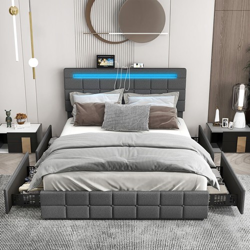Full Upholstered Platform Bed with LED Headboard Charging Station Storage Drawer - Picture 2 of 10
