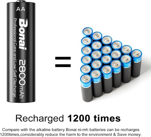 Pilas Recargables AA, BONAI Alta Capacidad 2800mAh 1.2V 1200 Ciclos de Pilas AA - Imagen 3 de 9