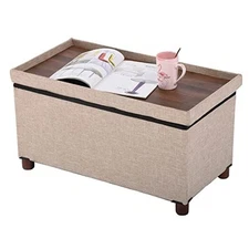 30 Inches Storage Ottoman Bench, Storage Bench with Wooden Legs for Rect Beige