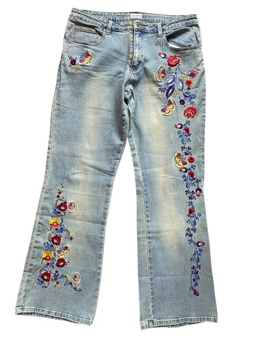 Vintage Topshop Moto bestickt Blumen Boho ausgestellt stretchig Jeans 14/16