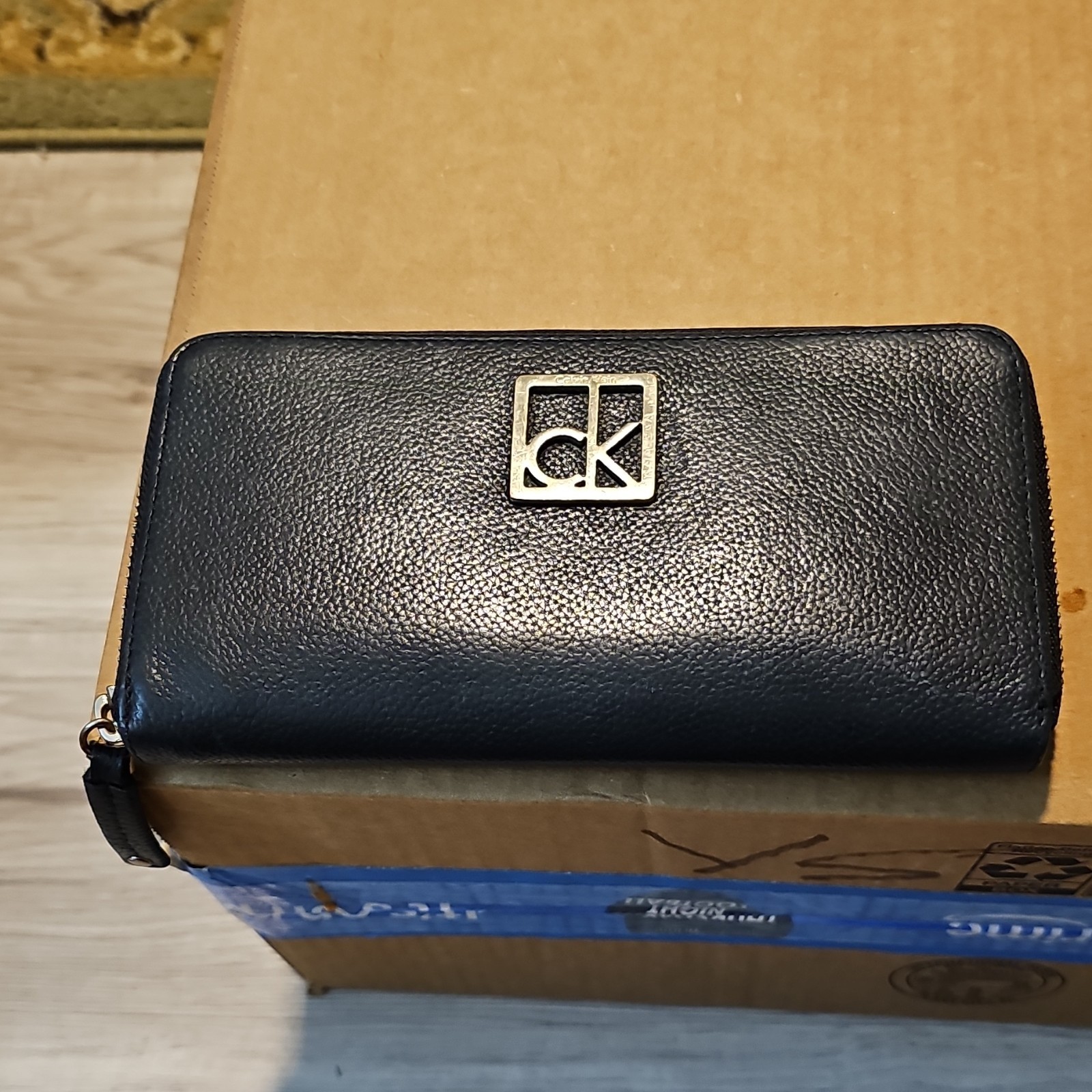Calvin Klein Women's Solid Black Zip-Around Wallet Logo Zipper Accents