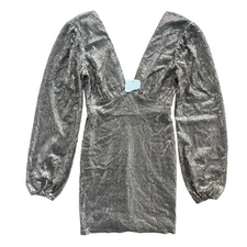 Altar'd State Womens XS Champagne Gold Sequin Plunge Neck Long Sleeve Mini Dress