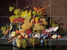 Art Flowers Fruit Grape Wine Mural Tumbled Marble Tile Backsplash 1806