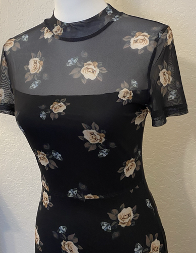 Womens Dark Floral Mesh Midi Dress Size S Asymmetric Hem Sheer Whimsigoth Fairy - Picture 5 of 7