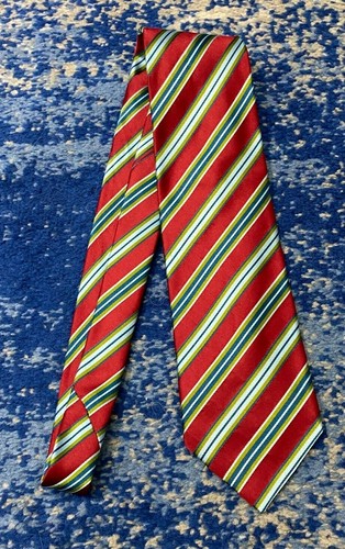 Corbata de seda Tino Cosma roja azul verde azulada sesgo rayas hecha en Italia - Imagen 2 de 5
