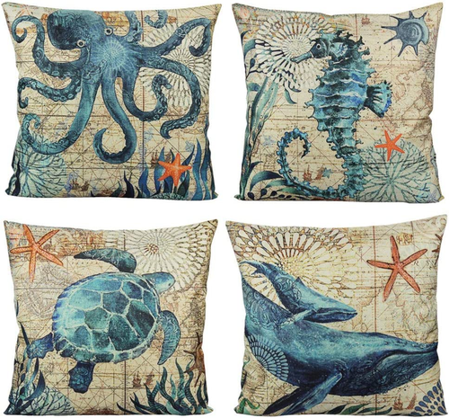 Outdoor Throw Pillow Covers Beach Coastal Cushion Cases Decorative Set of 4 - Picture 9 of 12