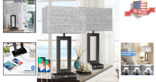 Sleek Versatile Multi-Functional Table Lamp with USB Ports - Gray Shade - Picture 2 of 9