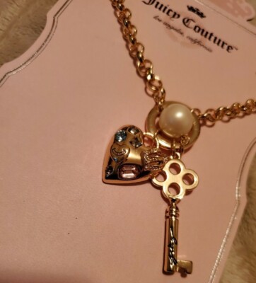  Juicy Couture Gold Tone Charm Necklace With Key, Heart & Faux Pearl Charms NWT