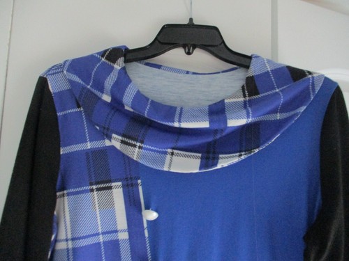 NEW XL Blue Plaid Women's Large Top Tunic Blouse Shirt Cowl Neck Large Buttons - Picture 2 of 14
