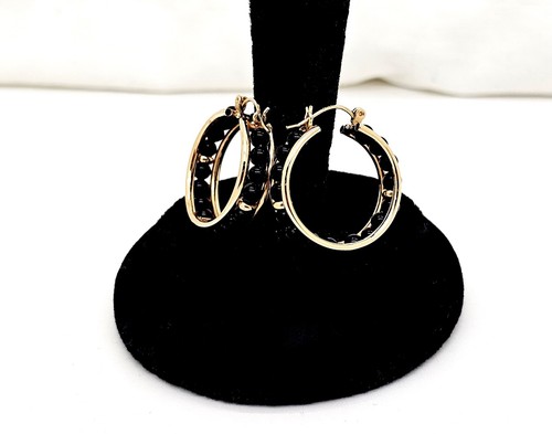 ESTATE 14K GOLD 3MM BEADED ONYX HOOP EARRINGS,PIERCED,EXCELLENT - Picture 4 of 9